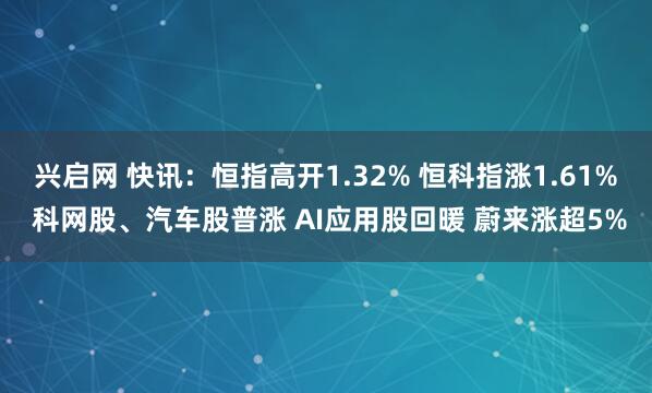 兴启网 快讯：恒指高开1.32% 恒科指涨1.61% 科网股、汽车股普涨 AI应用股回暖 蔚来涨超5%